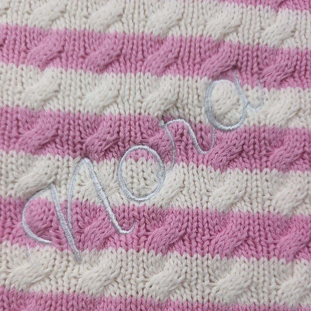 Pottery Barn Kids Cable Knit Baby Blanket Pink & Cream Stripe Sherpa 29x37 NORA